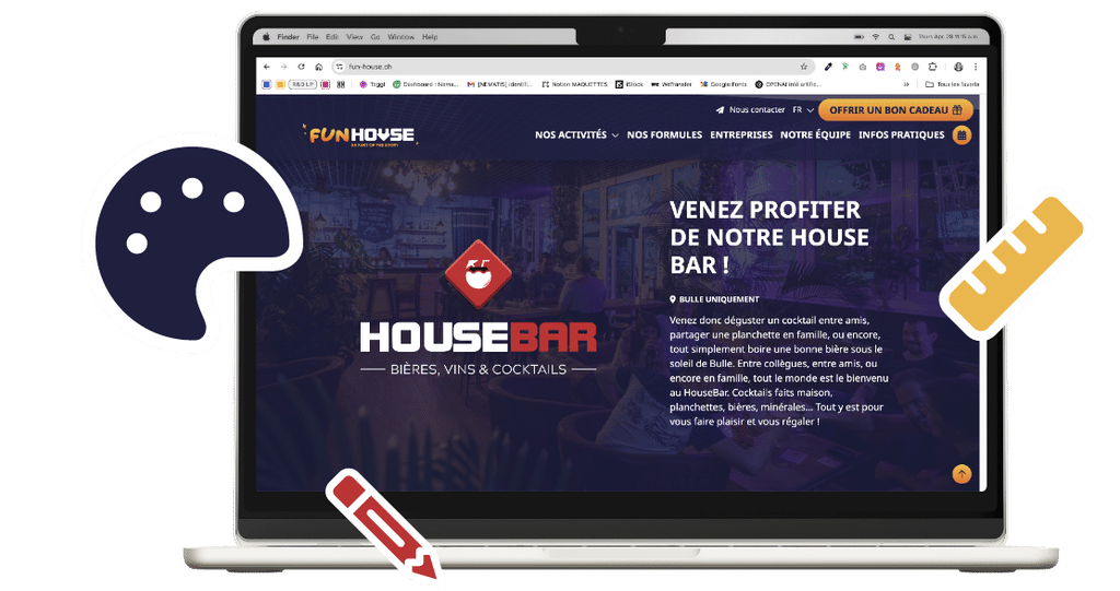 Site Fun House sur écran, éléments créatifs autour, incitant à découvrir l'offre bar dans un décor épuré.